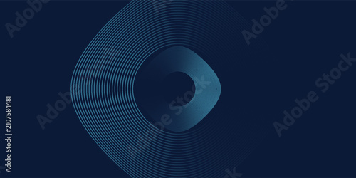 Sleek abstract tech background featuring concentric rounded square and circular line art loops in glowing cyan and blue gradients over a deep navy blue field.