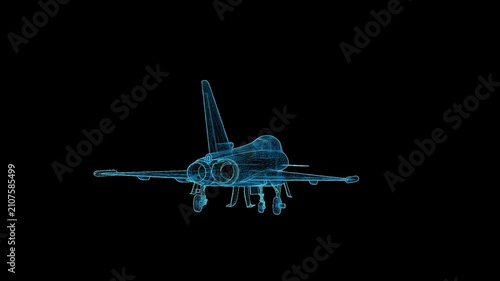 Futuristic 3D HUD wireframe fighter jet with seamless 360-degree rotation, holographic blueprint visualization for military, aerospace, and technology projects.