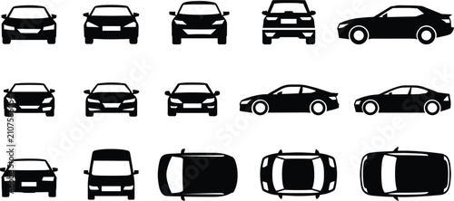 Foto Car silhouette icons set with front side and top views of sedan coupe hatchback