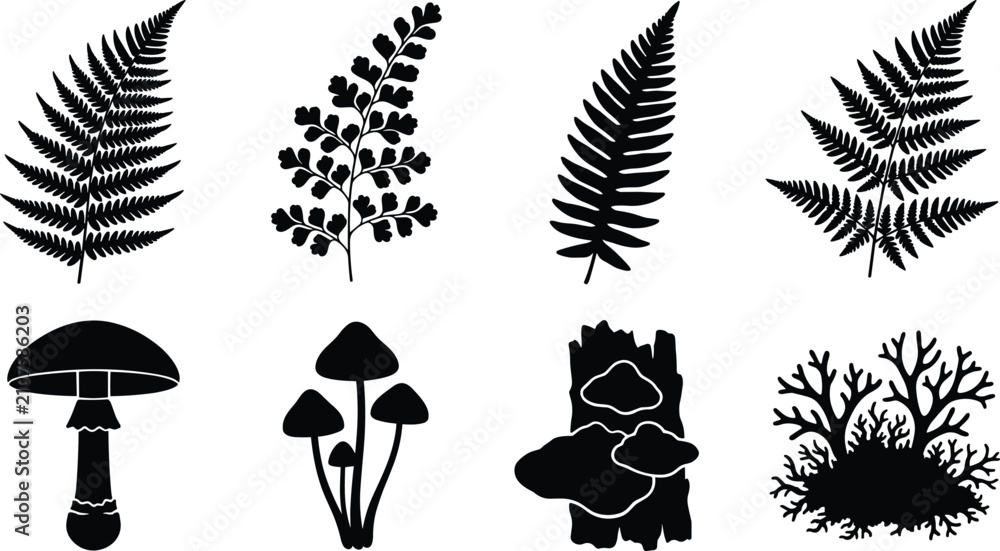 Obraz premium Set of black silhouette icons featuring diverse forest plants, ferns, mushrooms, and moss for nature themed designs