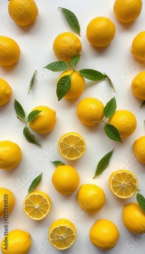 Fresh yellow lemons arranged in a geometric pattern on a white surface, bright colors, || yellow lemons