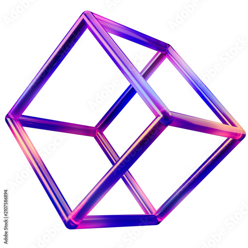 Holographic cube shape isolated on transparent background. 3D rendering