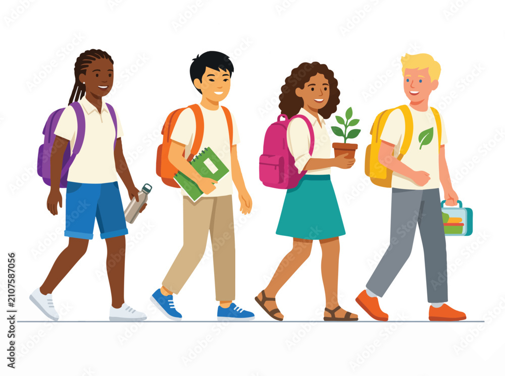 Fototapeta premium Group of Diverse Children Walking with Backpacks and Books.