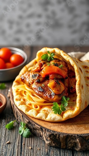 Golden brown doner kebab nestled in a crispy flatbread on a rustic wooden board, tender, tempting