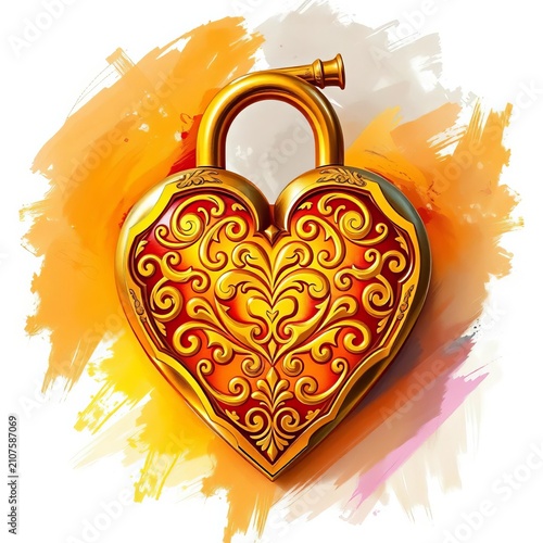 Golden heart-shaped lock with intricate details, surrounded by soft brushstrokes, delicate, heart