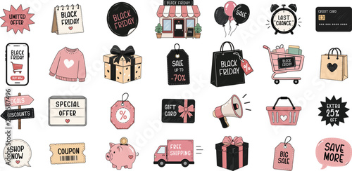 Black Friday Shopping Icons Set with Discounts, Gifts, and Sale Elements for Retail Promotions and Marketing Campaigns
