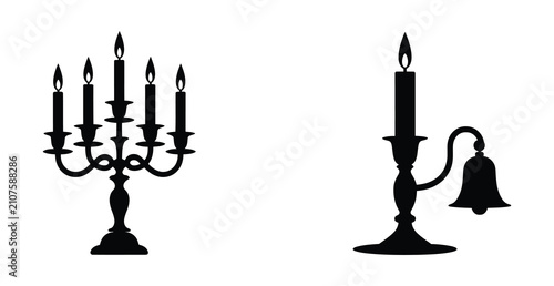 Fotografi Candelabra Silhouette Icon Featuring Five Arm Candleholder, Single Candlestick, Burning Wax Candles, and Editable Vector Illustration