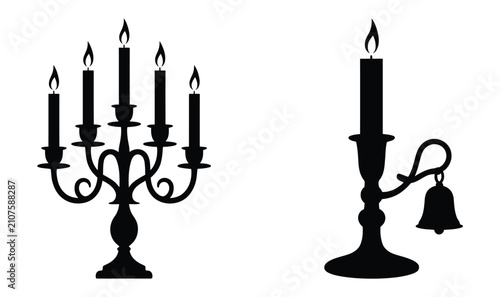 Slika na platnu Candelabra Silhouette Icon Featuring Five Arm Candleholder, Single Candlestick, Burning Wax Candles, and Editable Vector Illustration