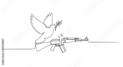 Foto Dove of Peace Landing on Broken Assault Rifle, Symbolizing End of Conflict