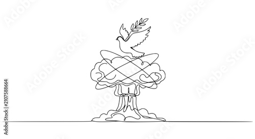 Dove of peace symbol on mushroom cloud, concept of hope over destruction, continuous line drawing