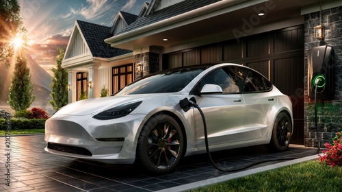 Modern Electric Vehicle Charging at Home in an Elegant Suburban Neighborhood at Sunset