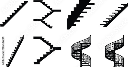 Set of black silhouette icons representing various architectural staircase designs, spiral staircases, and modern building interior construction elements