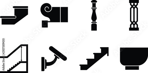 Konstfotografi Set of black silhouette icons representing architectural staircase parts, decora