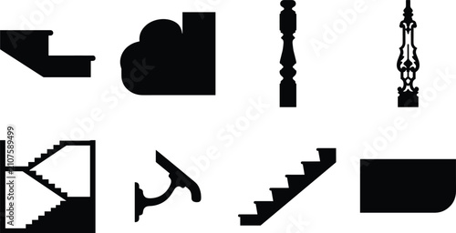 Set of black silhouette icons representing architectural staircase parts, stair banisters, railings, and home interior construction elements
