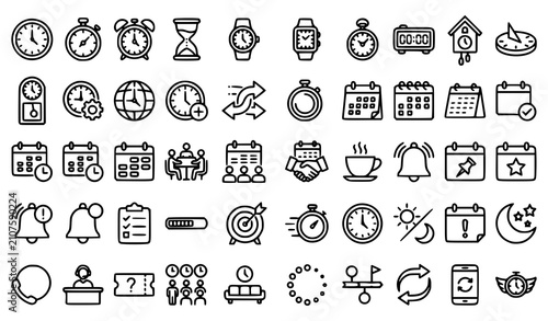 Time management and productivity icons set linear style