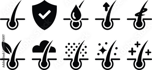 Obraz na plátně Hair care follicle treatment glyph icons set demonstrating strengthening scalp p