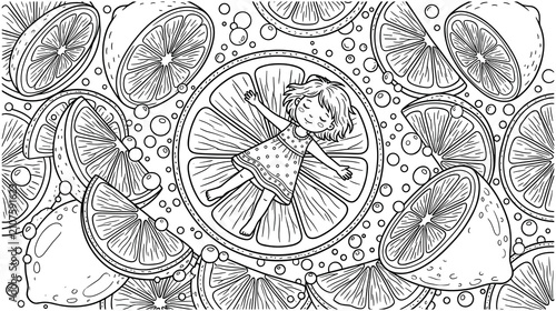 Obraz na płótnie Little girl lying on giant lemon slice in fresh citrus fruit background art