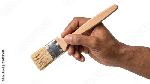 Quadro su tela Paintbrush rests in a male hand as an isolated PNG wide artist tool on a transpa