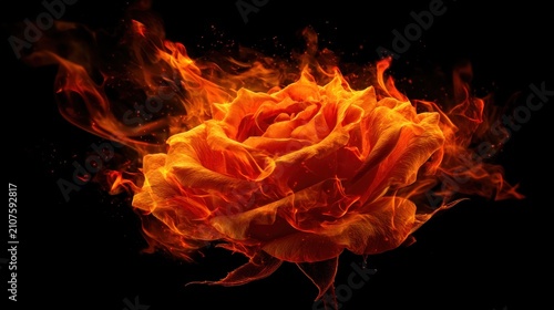 A vibrant rose ablaze with fiery hues, petals illuminated against a stark black backdrop, sparks flying