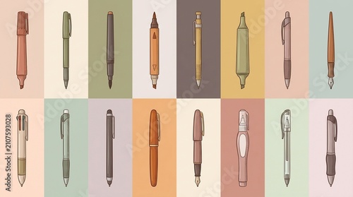 Collection of pens in various colors and designs displayed on a pastel backdrop