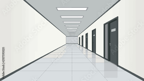 Empty modern minimalist office hallway with long corridor perspective view and grey doors vector illustration