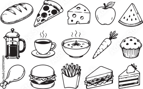 Hand drawn doodle set of various food items and drinks for menu design