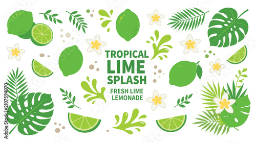 Foto Tropical lime splash composition with fresh fruit slices and green leaves