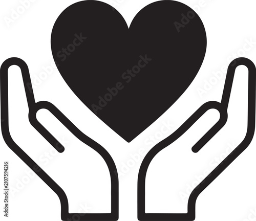 Black heart shape held in two open human hands icon illustration