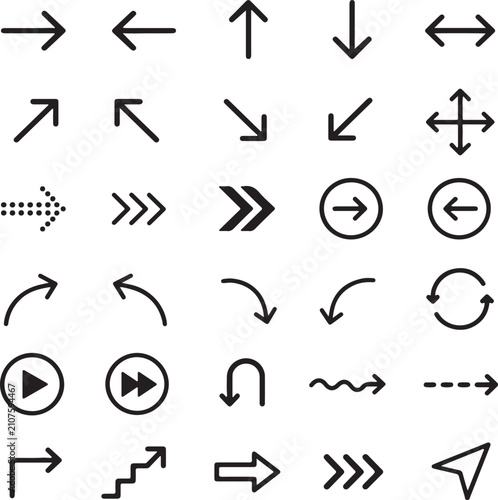 Set of black arrow icons showing different directions and styles