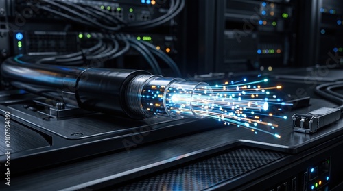 exposed fiber optic cable in a server room, emitting bright blue and orange data streams and light particles.