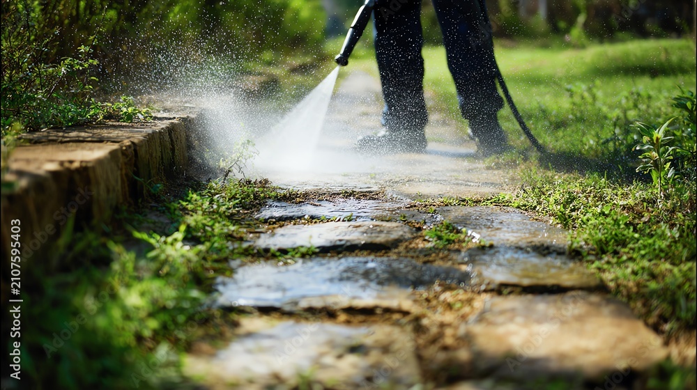 Fototapeta premium Man cleaning pathway with high-pressure washer.
