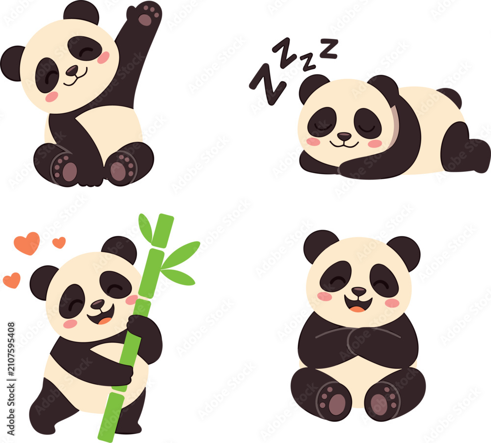 Naklejka premium Cute Panda Character Collection, Cartoon Bear Vector Set with Happy Sleeping and Bamboo Poses Illustration Pack