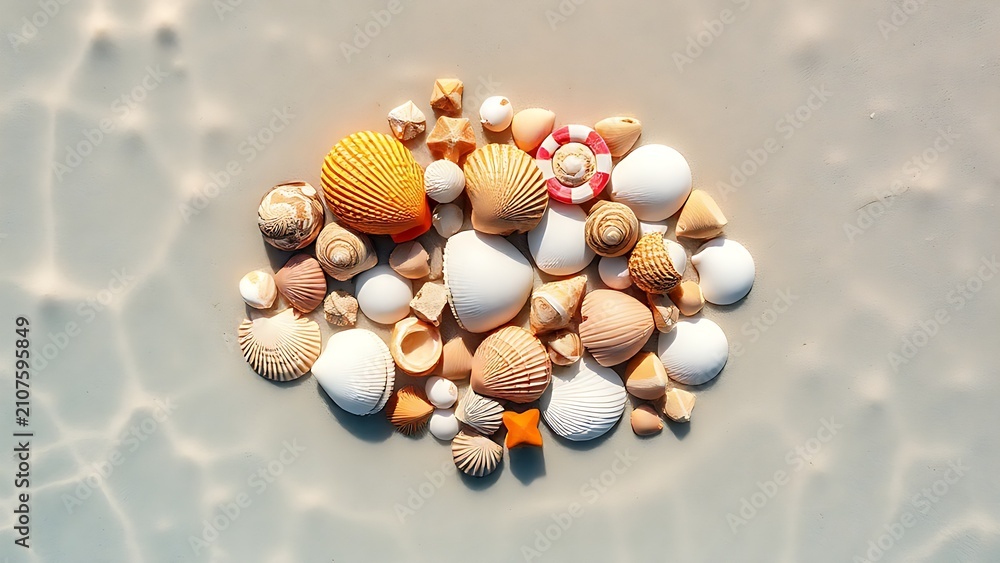 Fototapeta premium A collection of tropical seashells on wet sand with turquoise water reflections from above.