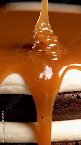 Caramel sauce dripping onto layered chocolate dessert