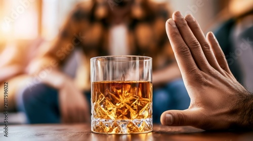 Individual Refusing Drink in Social Setting Representing Decline of Alcohol Consumption and Healthy Choices