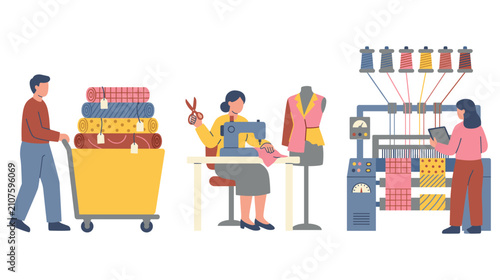 Photos Textile factory workers process raw materials to finished fabric production, flat illustration