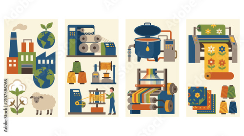 Photos Textile production process, from raw materials to woven fabric and finished products