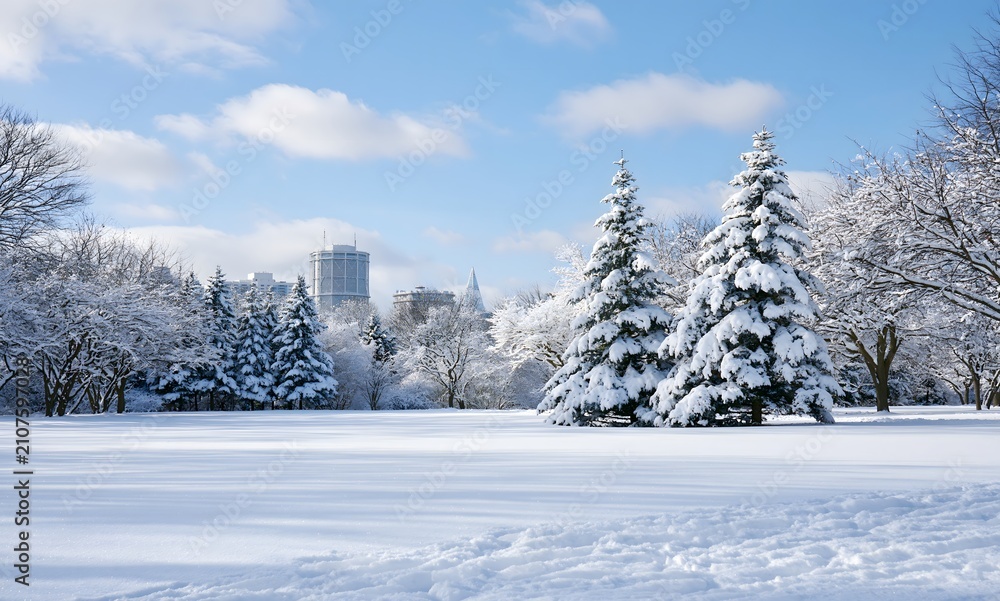 Fototapeta premium Snowy forest clearing in park