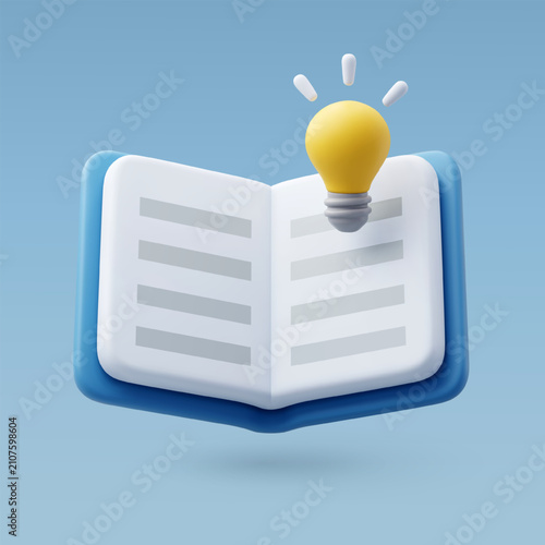 3D illustration Open book with a glowing light bulb, Education, Learning, Knowledge, Creative thinking, Innovation and New ideas.