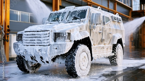 Heavy Industrial Cleaning of Armored Vehicle in Wash Bay with Foam Spray and Water Pressure Equipment