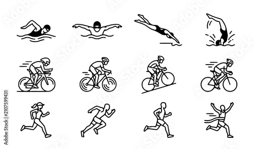 Modern Triathlon Athlete Motion Icon Collection Vector Illustration