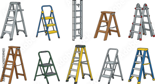 Stepladder and Extension Ladder Vector Icon Set Featuring Various Metal Wooden and Aluminum Folding Construction Tool Elements