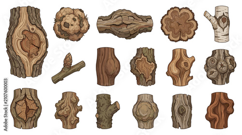 Premium botanical tree knots and wood burl collection isolated on white background realistic natural wood formations