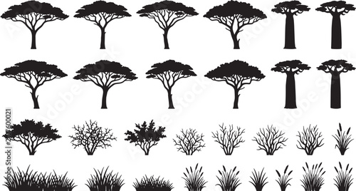 Set of black silhouettes featuring savanna trees shrubs and wild grass isolated on a white background vector