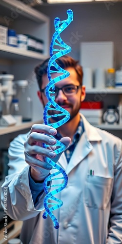 Lab coat-wearing scientist holds glowing blue DNA helix in hand amidst laboratory equipment, scientific instrument, laboratory table