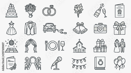 Foto Minimalist Black and White Wedding and Celebration Icons Set Flat Line Art Illus