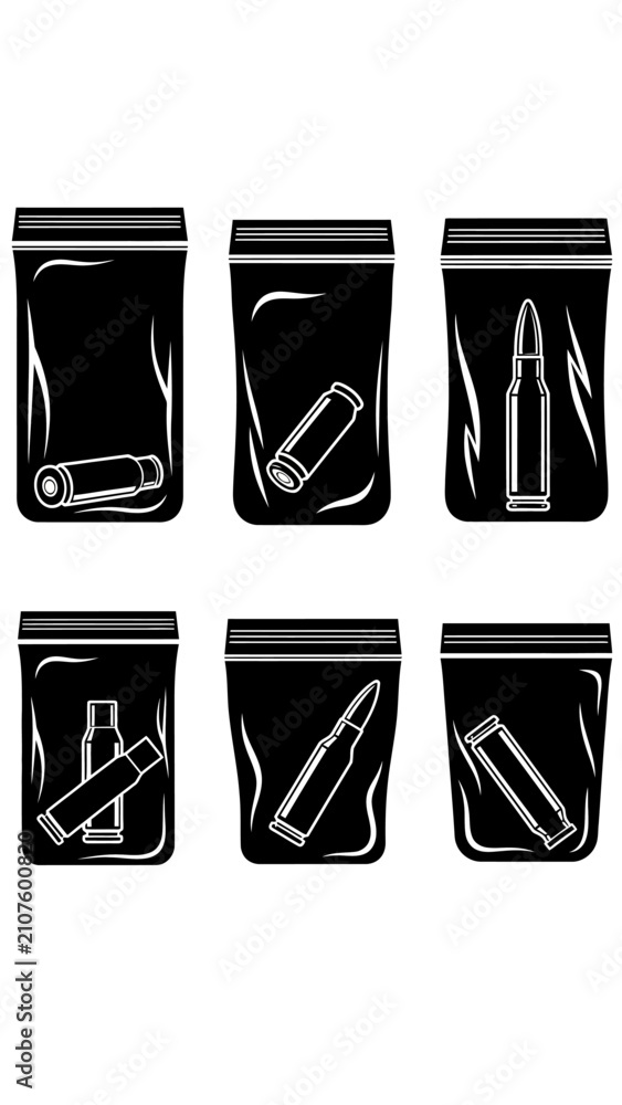 Obraz premium Evidence Bags with Ammunition and Shell Casings, Forensic Collection Icons