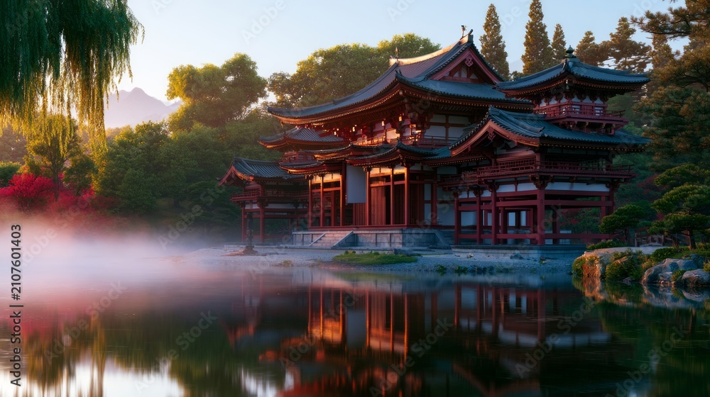 Obraz premium Elegant Architectural Design of Tranquil Traditional Temple Reflected in Serene Lake at Dawn