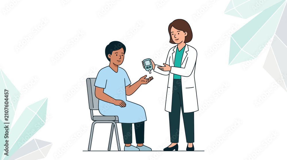 Fototapeta premium Pharmacist Advising Patient on Blood Glucose Monitoring with Glucometer - Vector Illustration