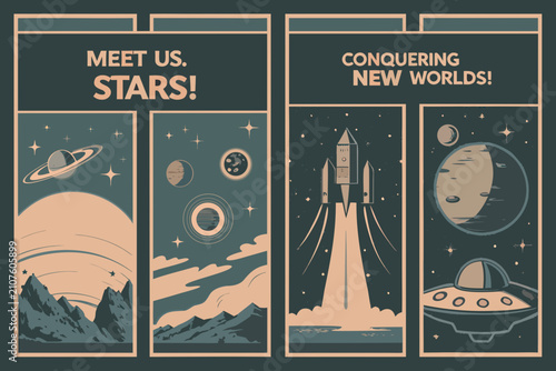 Tableau sur toile Retro style vector illustration of planets rocket ship and space exploration the